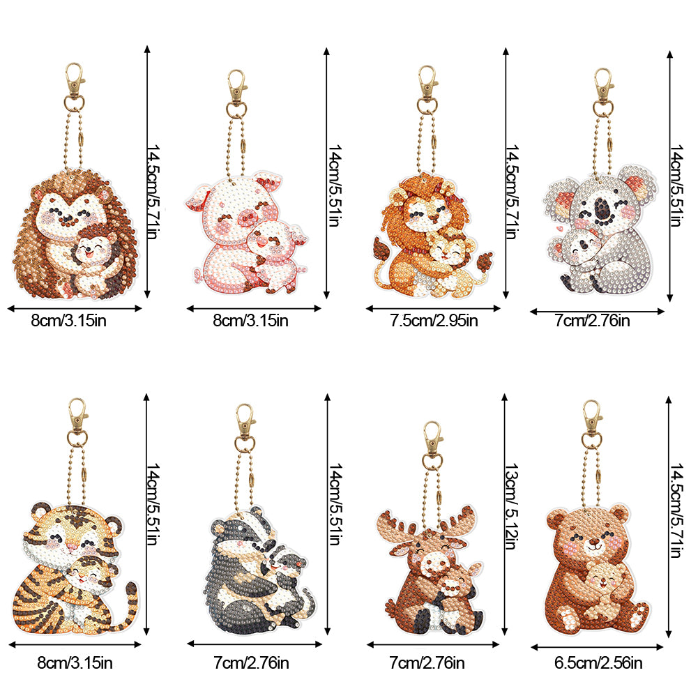 8Pcs PVC Double Sided Special Shaped Big Small Animals Diamond Painting Keychain