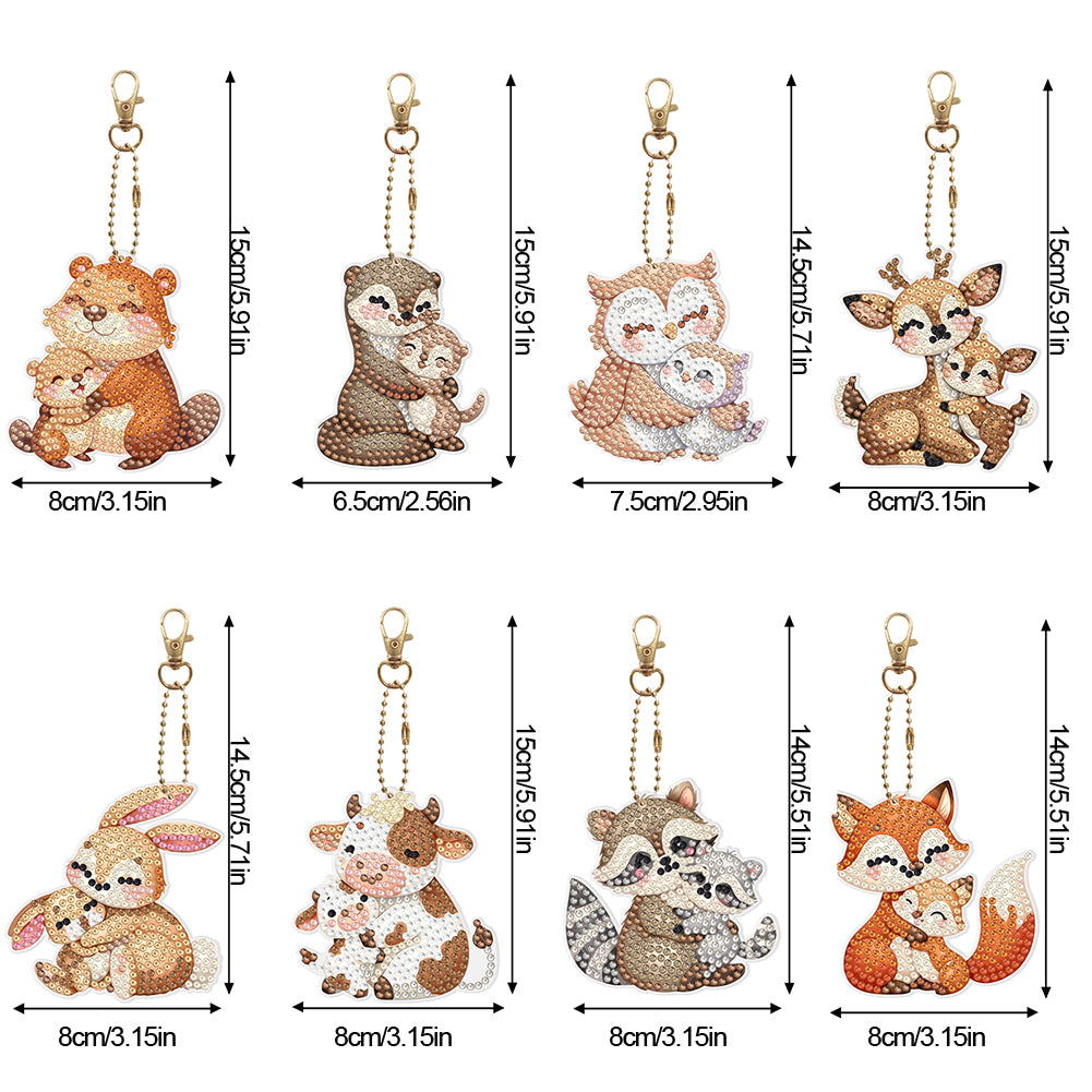 8Pcs PVC Double Sided Special Shaped Big Small Animals Diamond Painting Keychain