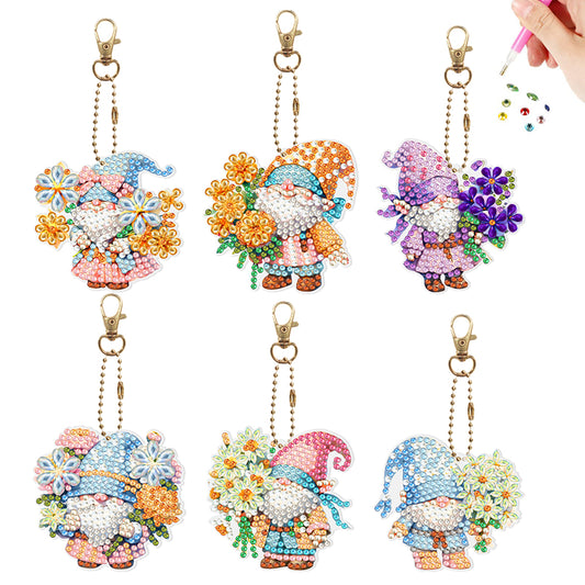 6Pcs PVC Double Sided Special Shaped Flower Goblin Diamond Painting Art Keychain
