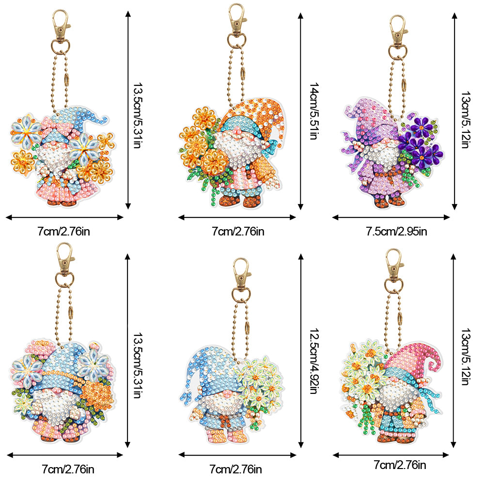 6Pcs PVC Double Sided Special Shaped Flower Goblin Diamond Painting Art Keychain