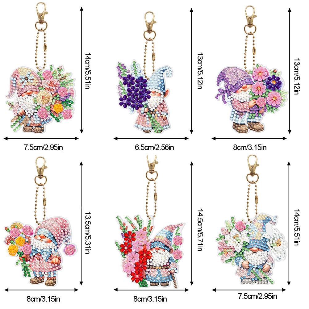 6Pcs PVC Double Sided Special Shaped Flower Goblin Diamond Painting Art Keychain