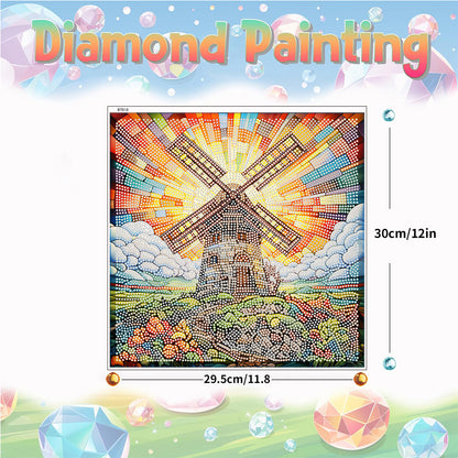 Stained Glass Windmill House Rhinestone Wall Sticker Diamond Painting Sticker