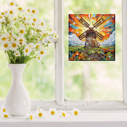 Stained Glass Windmill House Rhinestone Wall Sticker Diamond Painting Sticker