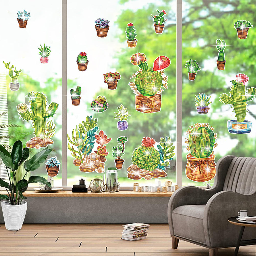 23pcs Potted Cactus Diamond Painting Window Sticker Crystal Diamond Sticker