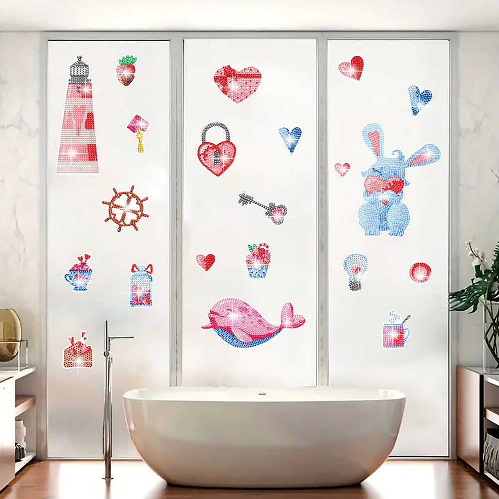 35Pcs Love Blue Rabbit Diamond Painting Window Sticker Glass Window Clings