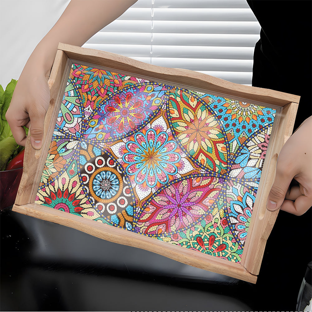 Wooden Mandala 5D DIY Diamond Painting Serving Tray with Handle for Home Decor