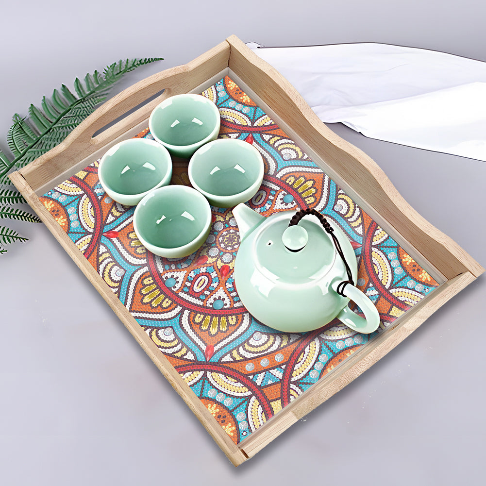 Wooden Mandala 5D DIY Diamond Painting Serving Tray with Handle for Home Decor