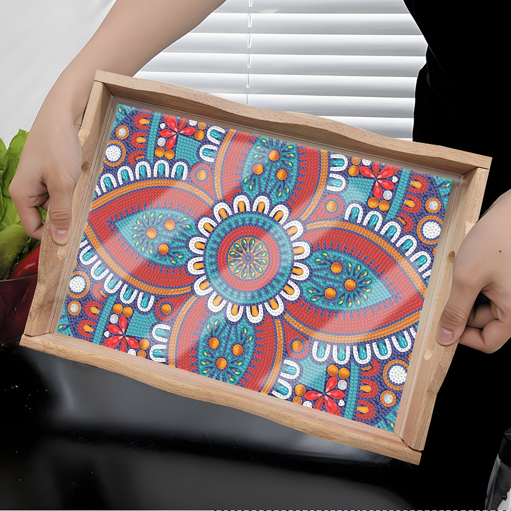 Wooden Mandala 5D DIY Diamond Painting Serving Tray with Handle for Home Decor