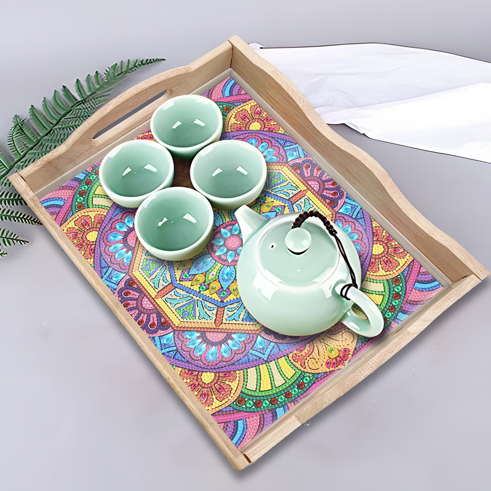 Wooden Mandala 5D DIY Diamond Painting Serving Tray with Handle for Home Decor