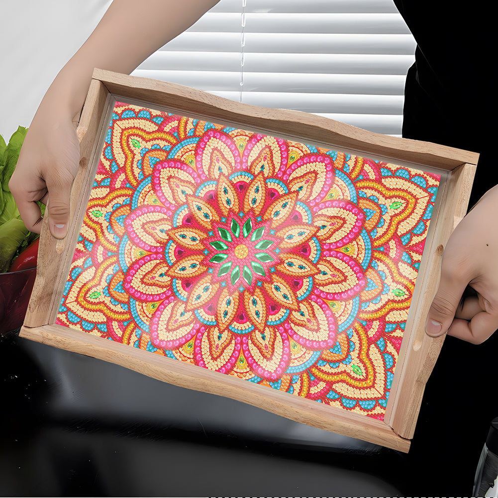 Wooden Mandala 5D DIY Diamond Painting Serving Tray with Handle for Home Decor