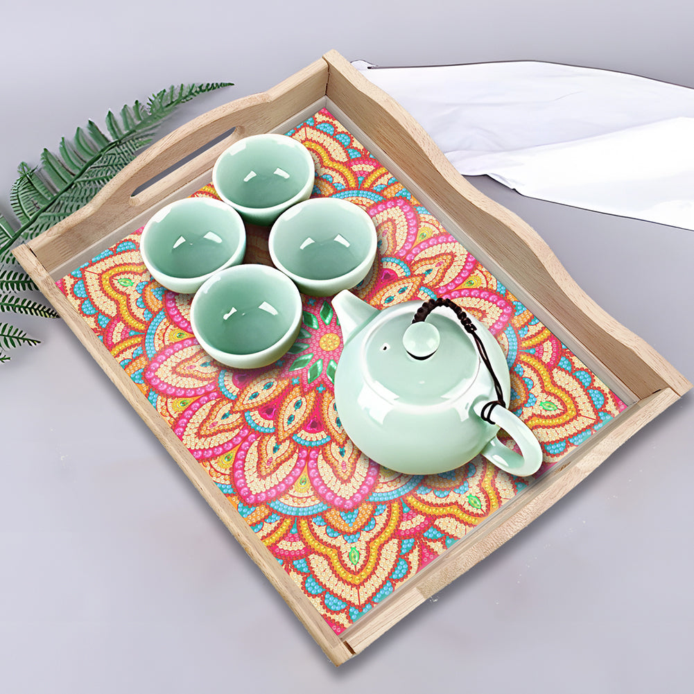 Wooden Mandala 5D DIY Diamond Painting Serving Tray with Handle for Home Decor