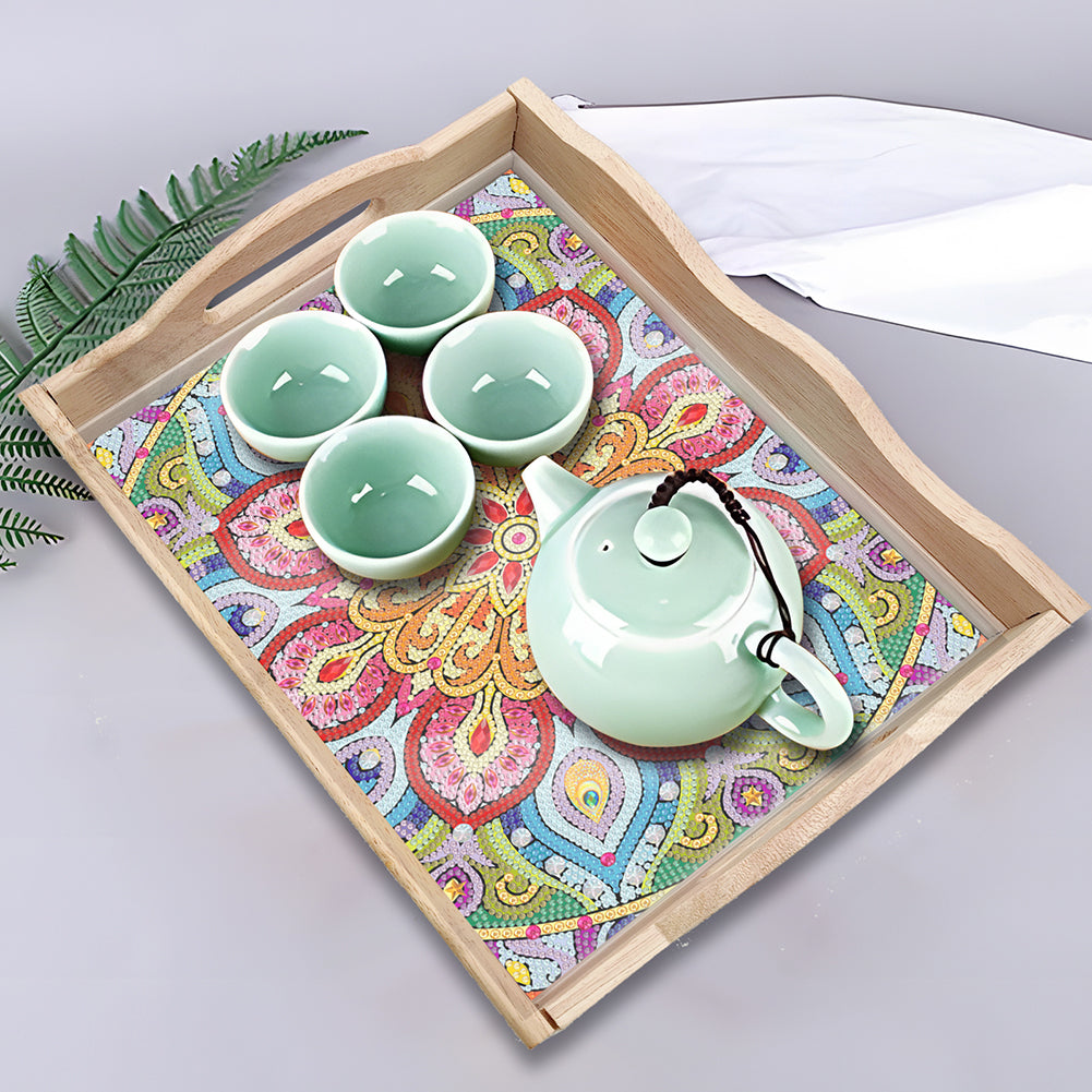 Wooden Mandala 5D DIY Diamond Painting Serving Tray with Handle for Home Decor