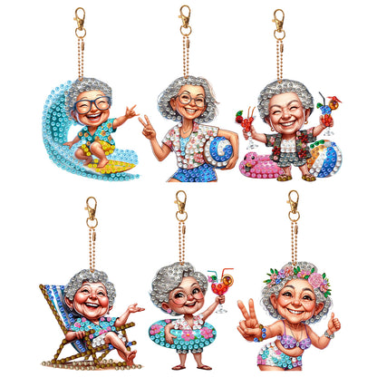 6Pcs Double Side Special Shape Optimistic Old Lady Diamond Art Craft Keychain