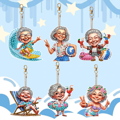 6Pcs Double Side Special Shape Optimistic Old Lady Diamond Art Craft Keychain