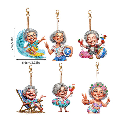 6Pcs Double Side Special Shape Optimistic Old Lady Diamond Art Craft Keychain