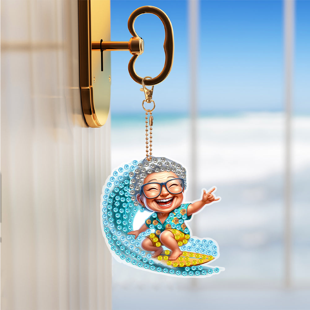 6Pcs Double Side Special Shape Optimistic Old Lady Diamond Art Craft Keychain