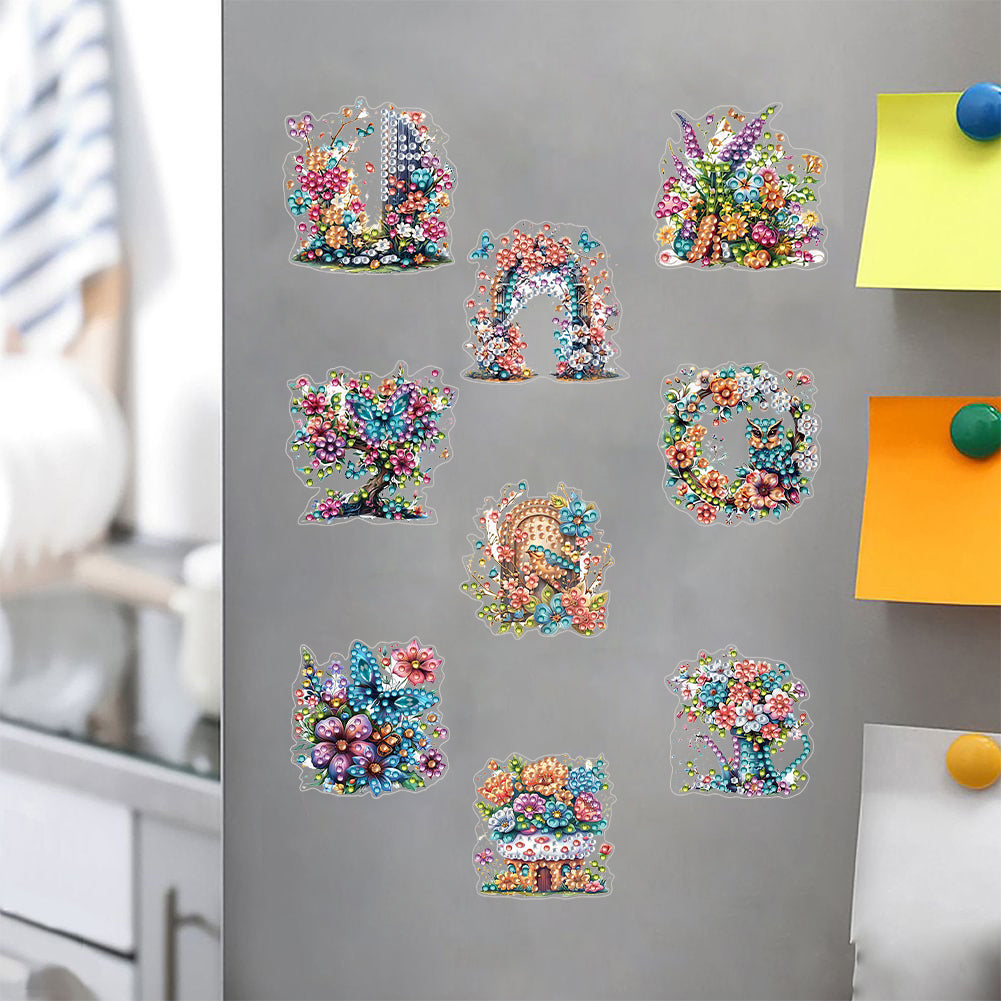 9Pcs Special Shape Flower Bush Diamond Painting Fridge Magnet Fridge Stickers