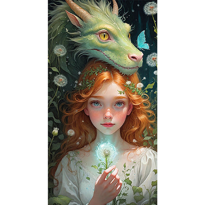 Dragon And Red-Haired Girl - Full AB Round Drill Diamond Painting 40*75CM