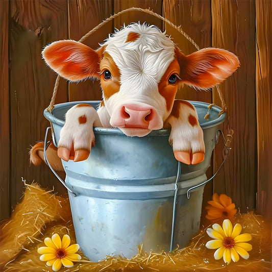 Bucket Cow - Full Round Drill Diamond Painting 30*30CM