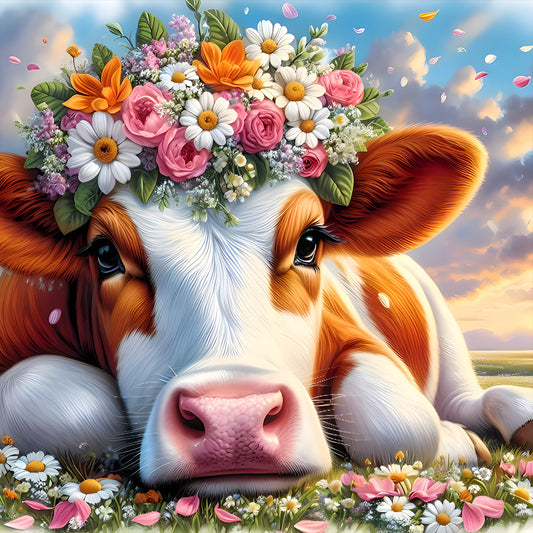 Flower Cow - Full Round Drill Diamond Painting 30*30CM