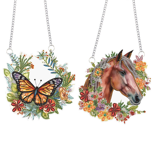 2Pcs PET Special Shaped Wreath Butterfly Horse Diamond Painting Hanging Decor