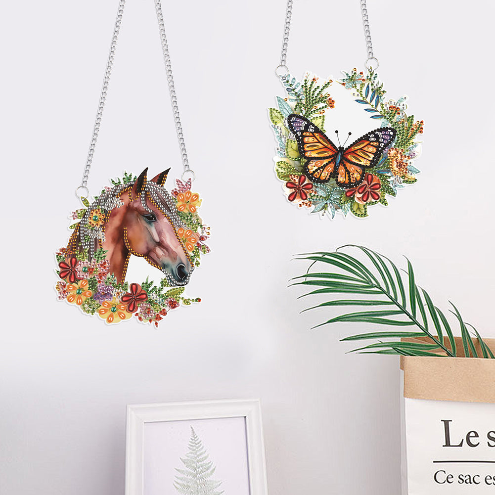 2Pcs PET Special Shaped Wreath Butterfly Horse Diamond Painting Hanging Decor