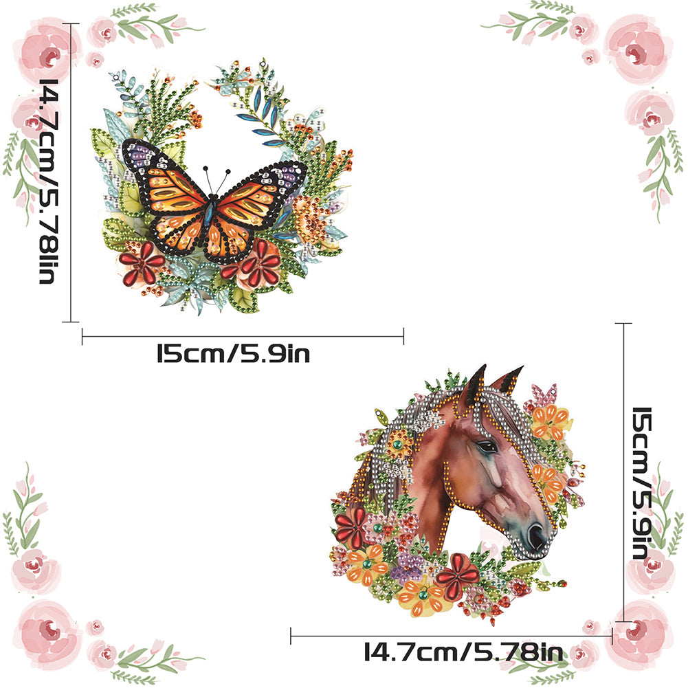 2Pcs PET Special Shaped Wreath Butterfly Horse Diamond Painting Hanging Decor