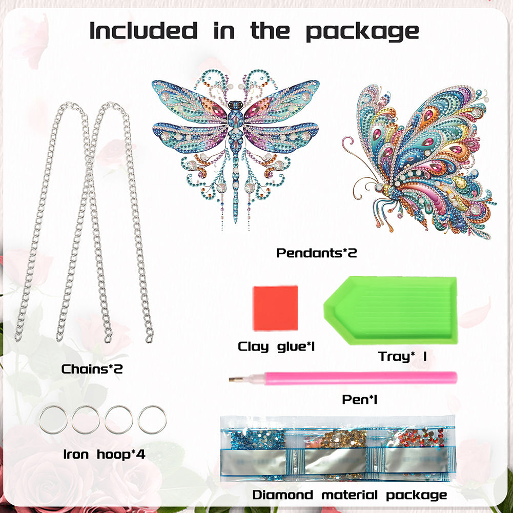 2Pcs PET Special Shaped Dragonfly Butterfly Diamond Painting Hanging Decoration