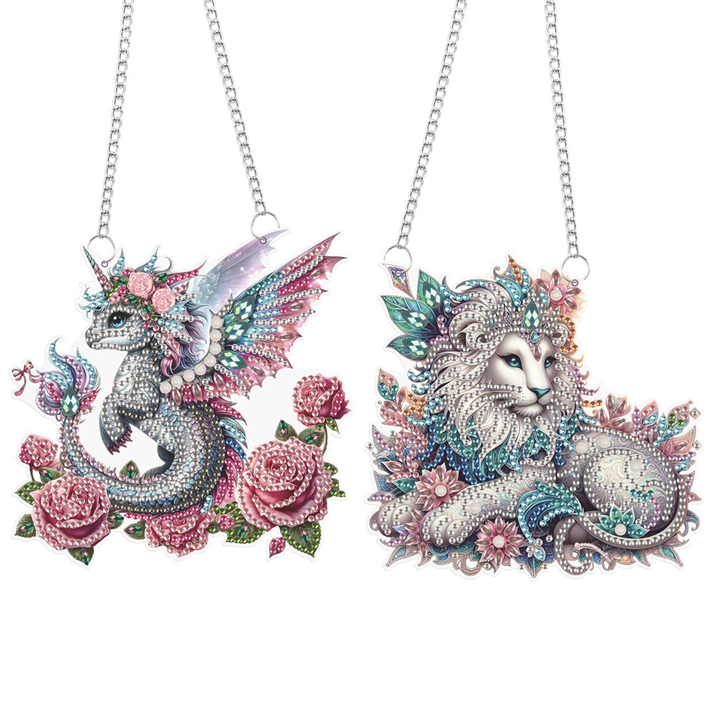 2Pcs PET Special Shaped Pterosaur Lion Diamond Painting Hanging Decor for Home