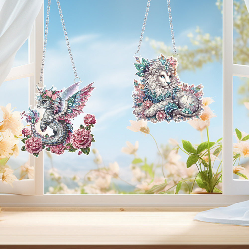 2Pcs PET Special Shaped Pterosaur Lion Diamond Painting Hanging Decor for Home