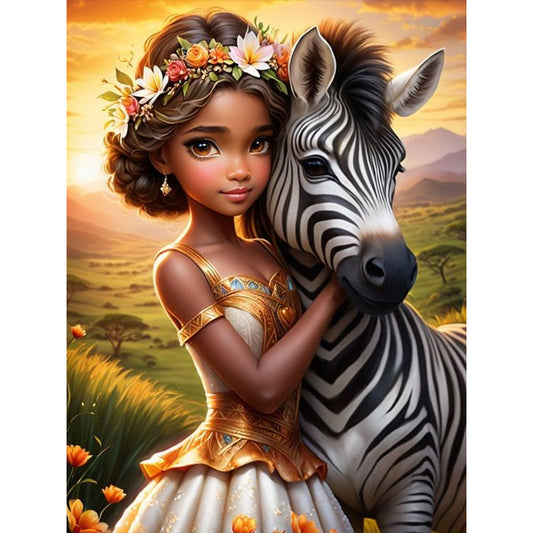 Zebra And Girl - Full Round Drill Diamond Painting 30*40CM