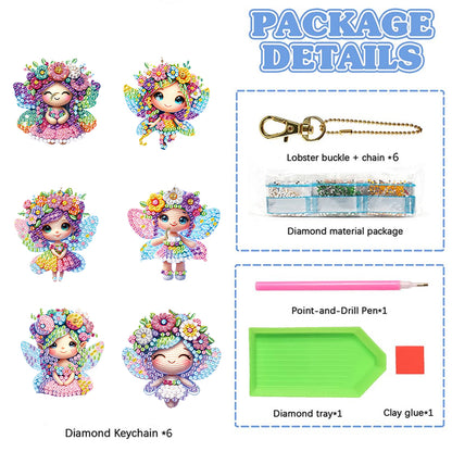 6Pcs Double Sided Flower Elf Girl Diamond Painting Art Keychain Pendant DIY Art