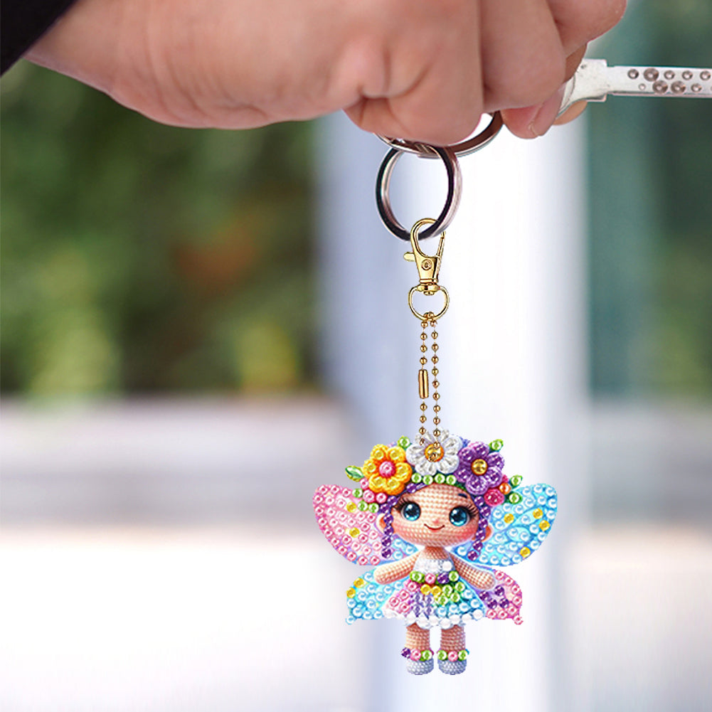 6Pcs Double Sided Flower Elf Girl Diamond Painting Art Keychain Pendant DIY Art
