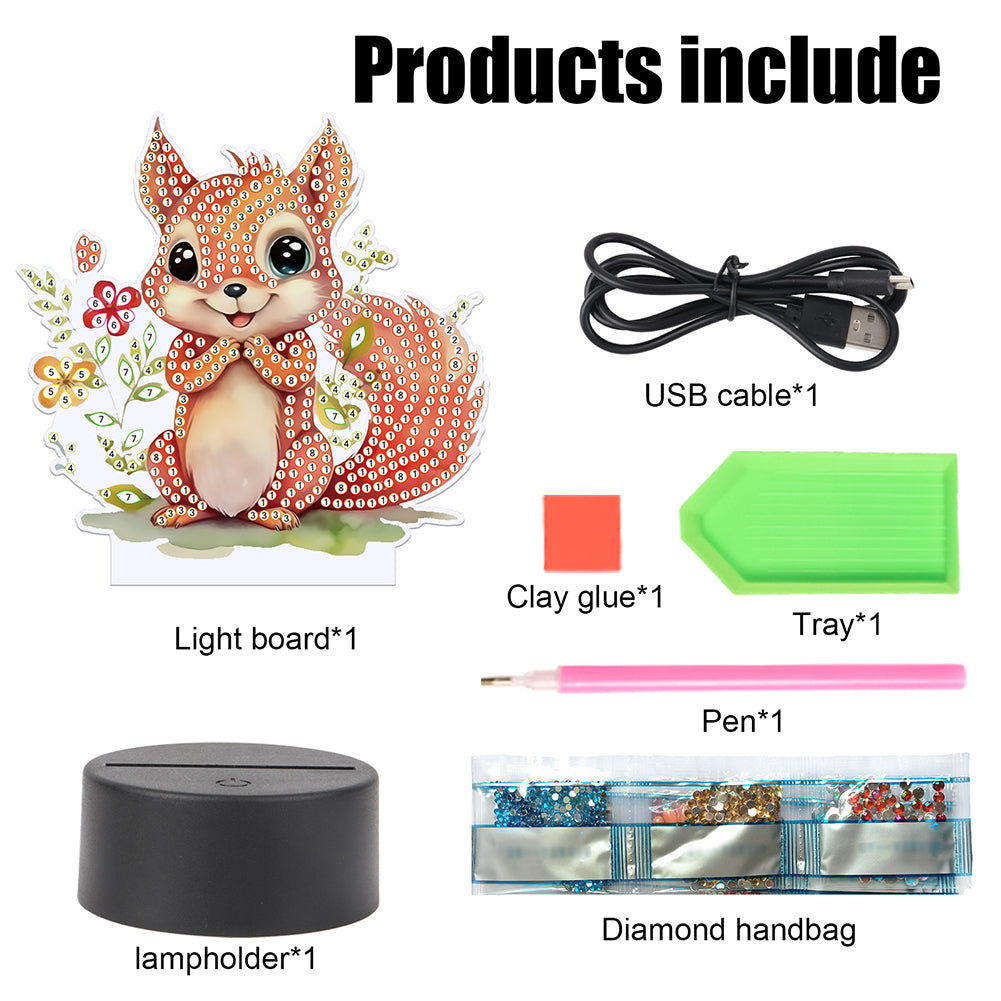 Cute Animal Diamond Painting LED Lamp Diamond Painting Night Light (Squirrel)