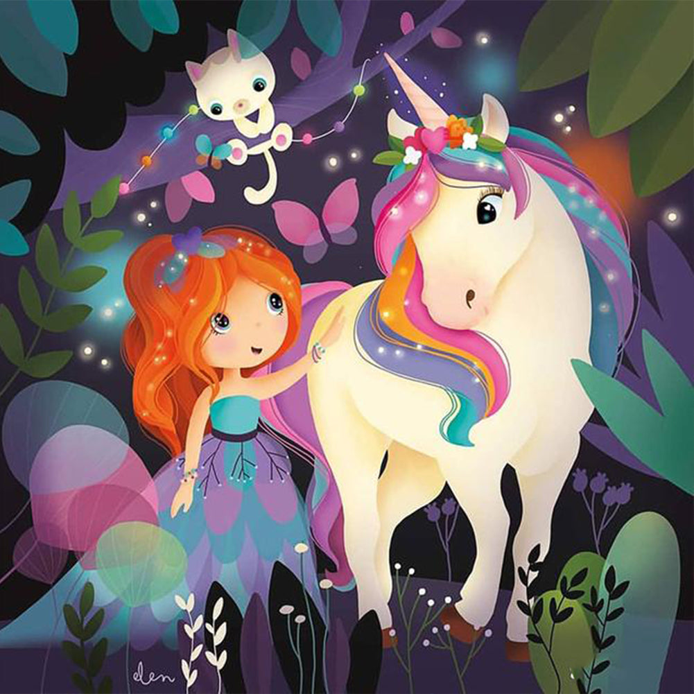 Cartoon Girl And Rainbow Horse - Full Round Drill Diamond Painting 30*30CM