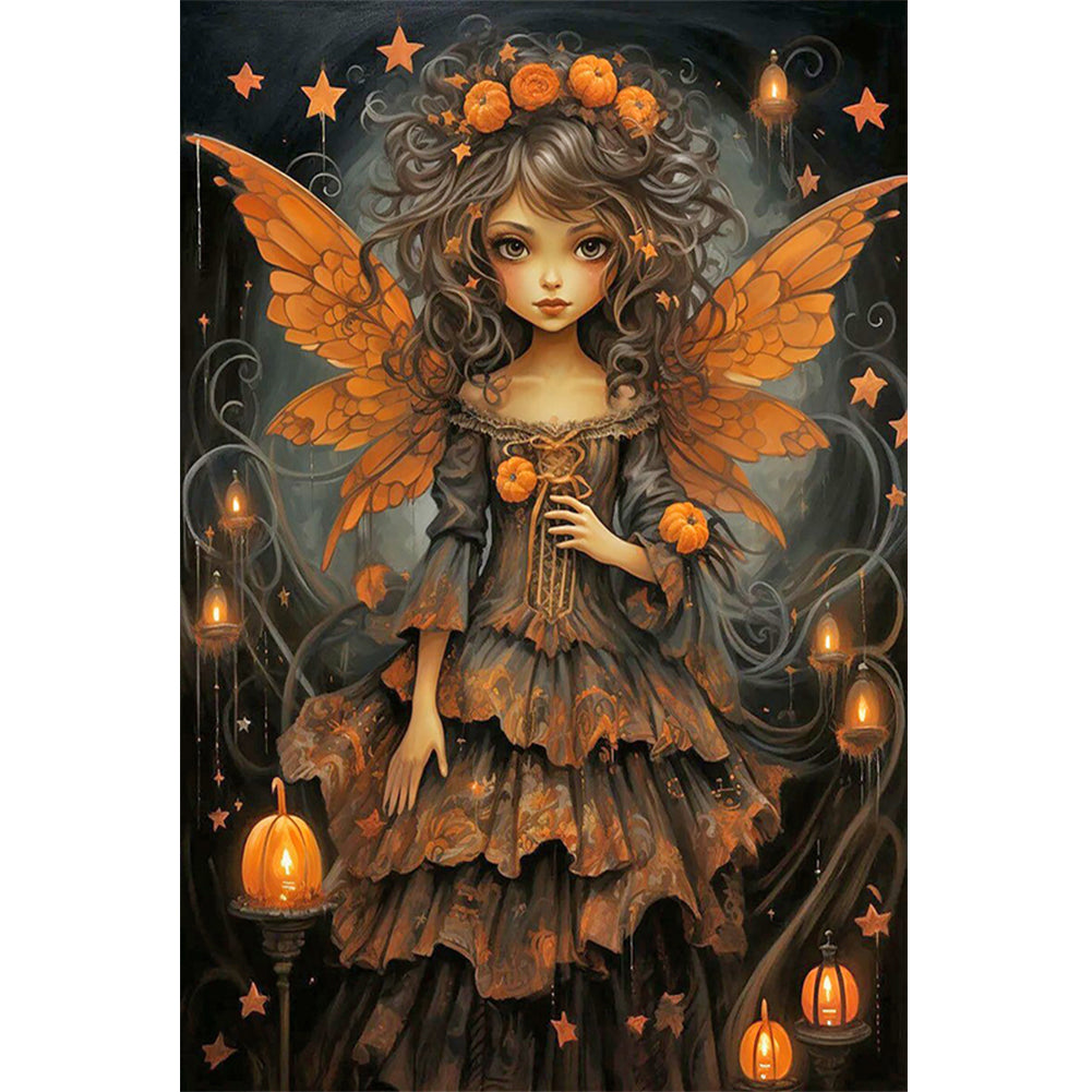 Halloween Pumpkin Black Clothes Dry Tree Butterfly Wings Girl - Full Round Drill Diamond Painting 40*60CM