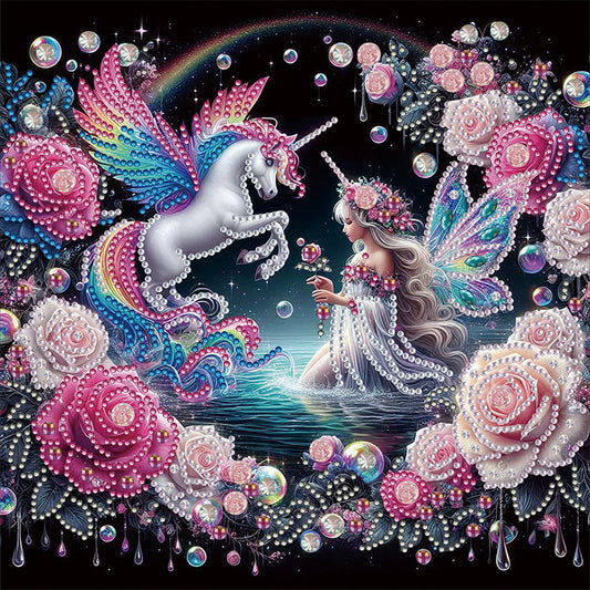 Butterfly Girl And Rainbow White Horse - Special Shaped Drill Diamond Painting 30*30CM