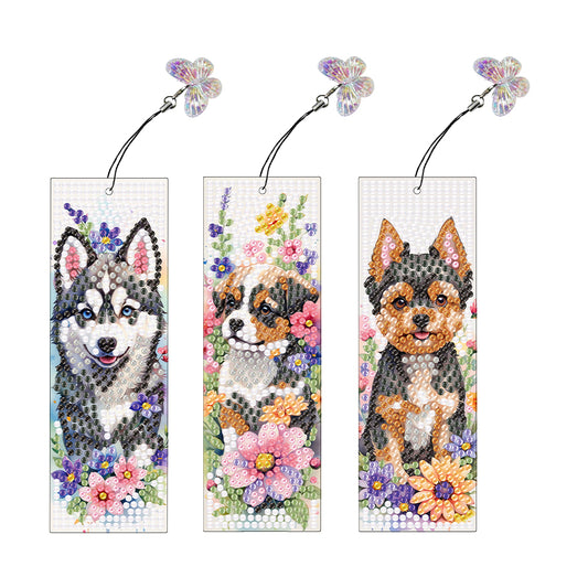 3Pcs Special Shape Dog Flower DIY Diamond Painting Bookmarks Kits for Bookworms