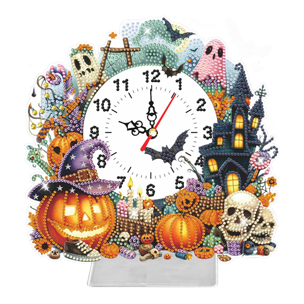 Acrylic Special Shaped Halloween Pumpkin Diamond Painting Clock Desktop Decor