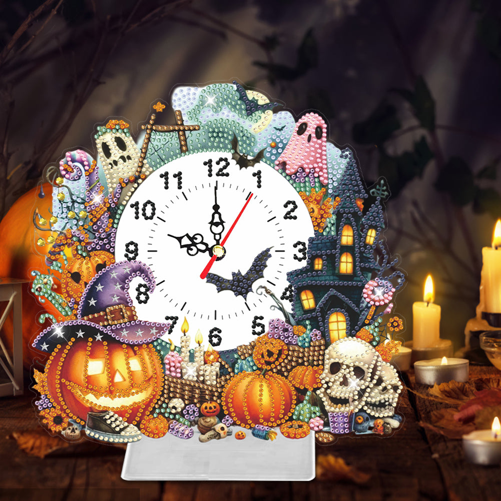 Acrylic Special Shaped Halloween Pumpkin Diamond Painting Clock Desktop Decor