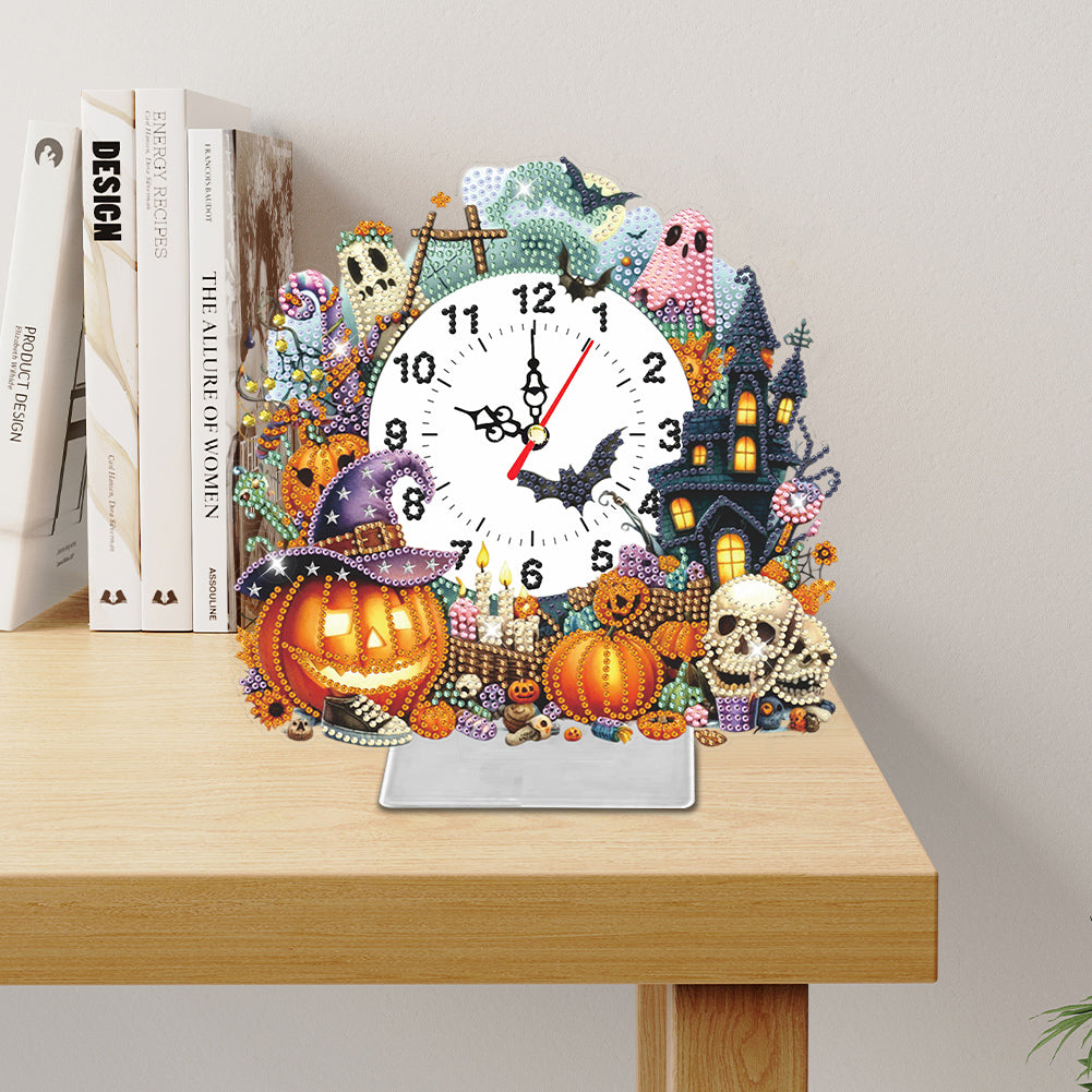 Acrylic Special Shaped Halloween Pumpkin Diamond Painting Clock Desktop Decor