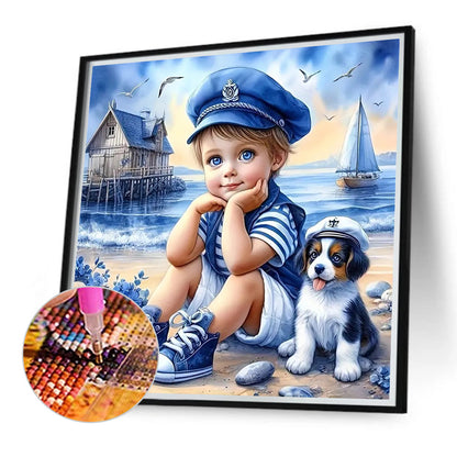 Little Boy And Dog At The Beach - Full Round Drill Diamond Painting 40*40CM