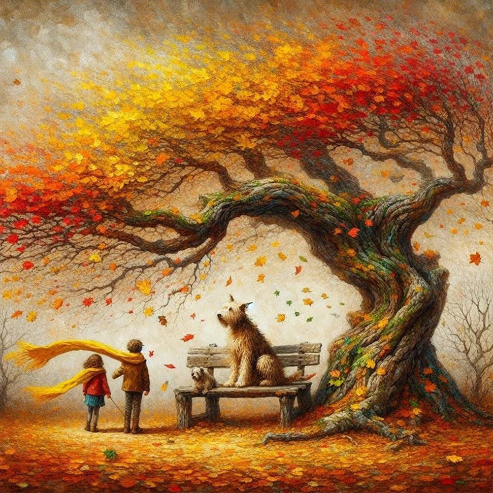 Dog And Family Under The Big Tree In Autumn - Full Round Drill Diamond Painting 40*40CM