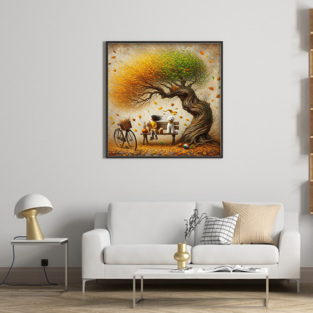 Dog And Family Under The Big Tree In Autumn - Full Round Drill Diamond Painting 40*40CM