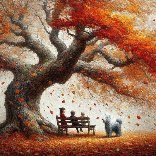 Dog And Family Under The Big Tree In Autumn - Full Round Drill Diamond Painting 40*40CM