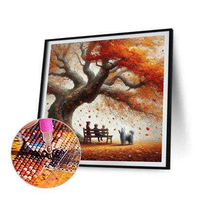 Dog And Family Under The Big Tree In Autumn - Full Round Drill Diamond Painting 40*40CM