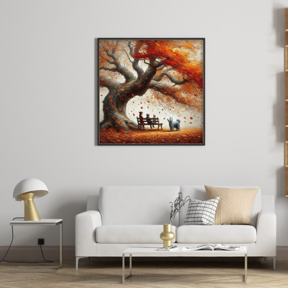 Dog And Family Under The Big Tree In Autumn - Full Round Drill Diamond Painting 40*40CM