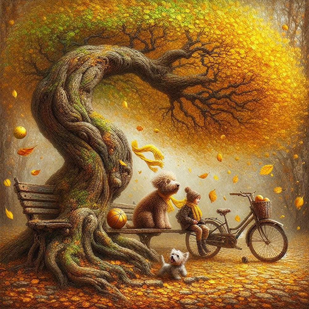 Dog And Family Under The Big Tree In Autumn - Full Round Drill Diamond Painting 40*40CM