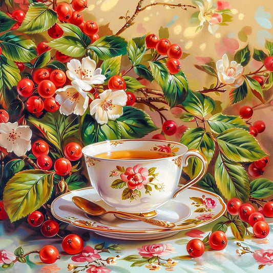 Red Bean And White Flower Porcelain Cup - Full Round Drill Diamond Painting 40*40CM