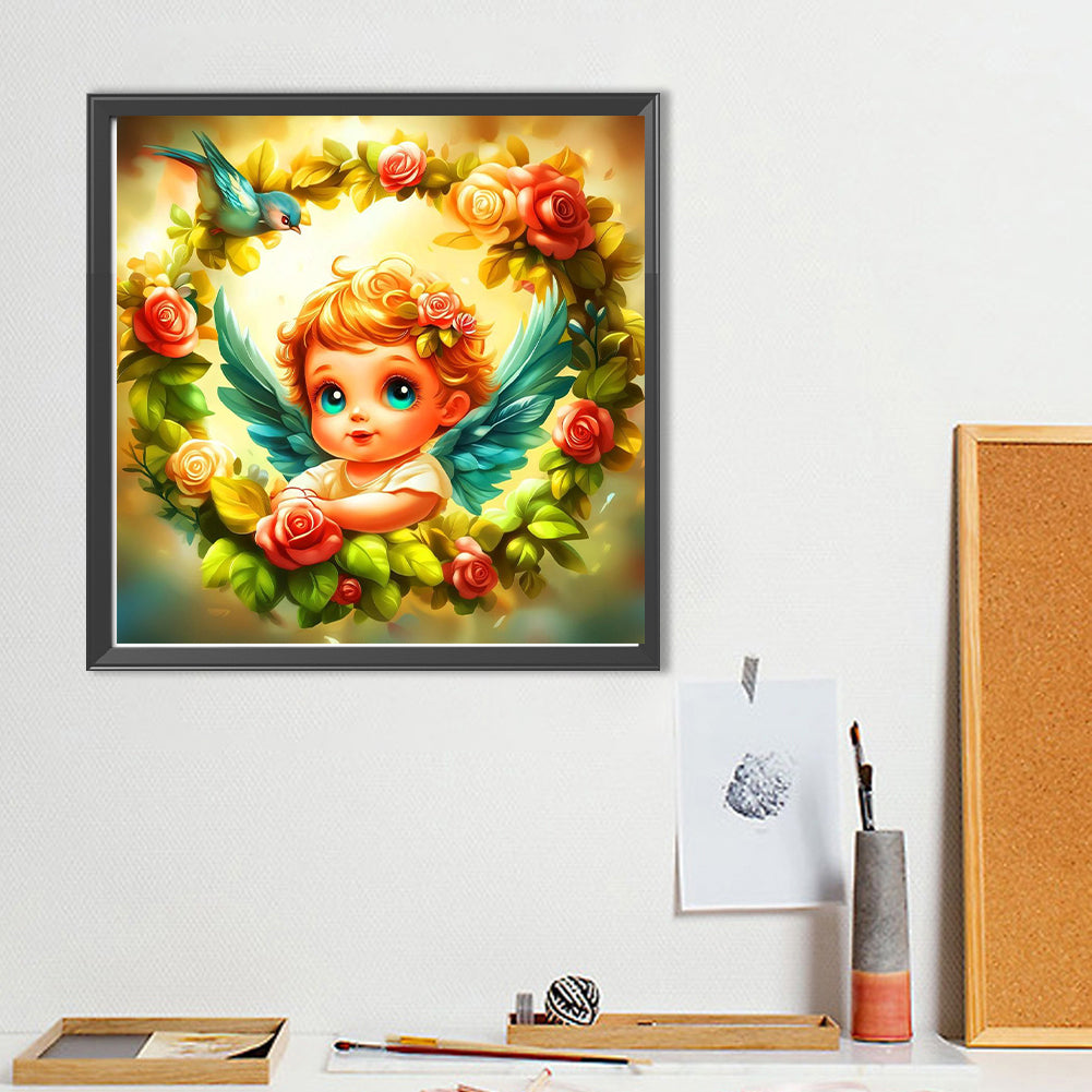 Bluebird Wreath Angel Girl - Full Round Drill Diamond Painting 40*40CM